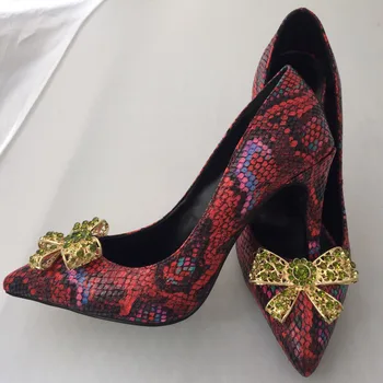 

Macytino Red Snake Pattern High Heel Dress Shoes Pointy Bowtie Pumps Women High Heels