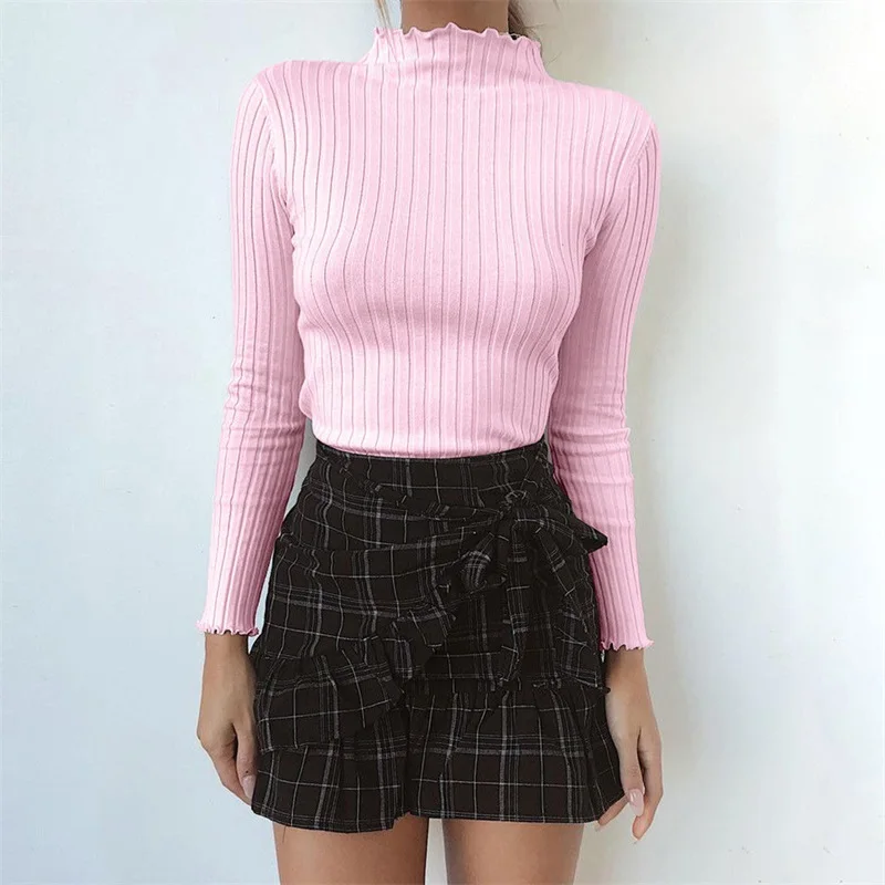 

Fashion Women Knitted Slim Fit Jumper Autumn Cotton Rib Sweater Spring Ladies Solid Pullover Sweaters Pull Femme Basic Tops Pink