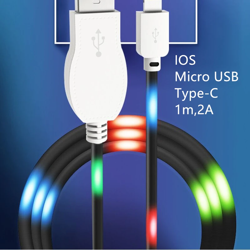 حجم التحكم الرقص مصباح ليد فلاش كابل ل فون ، 2A ، 1 M نوع-C ، المصغّر usb تهمة سلك ، apple, مرونة نقل البيانات سلك