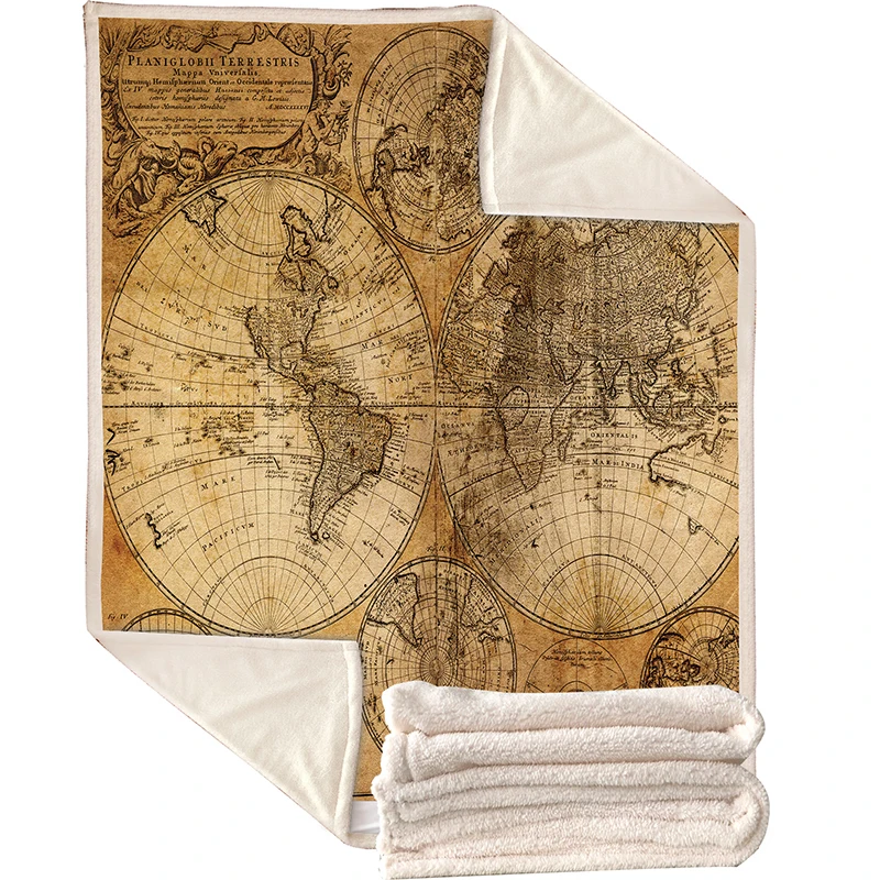 Retro World Map Velvet Plush Throw Blankets For Kid Adults Sherpa Fleece Yellow Blanket For Beds So