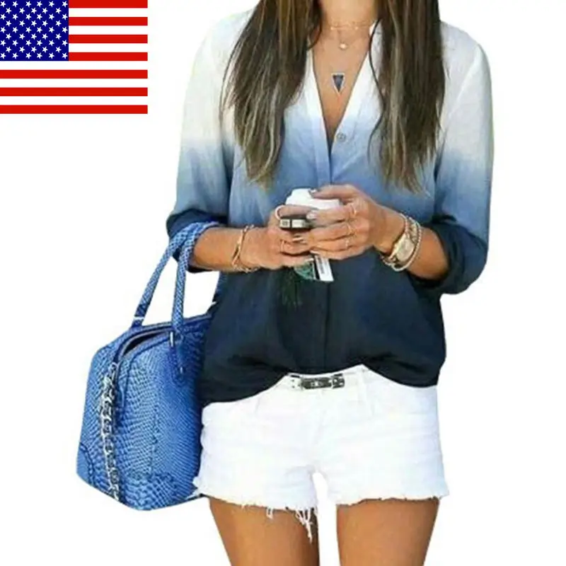 

Sexy V Neck Blouses Ladies Loose Gradient Color 2019 Summer Soft Women's Long Sleeve Casual Loose Tops Blouse