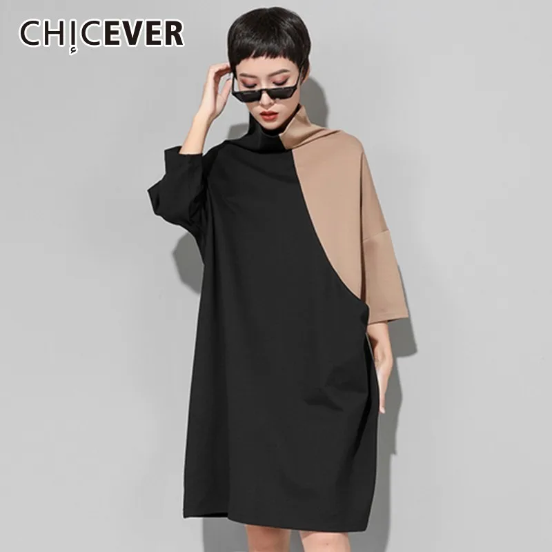 CHICEVER 2020 Autumn Winter Hit Colors Dresses For Women Turtleneck Wrist Sleeve Loose Women's Dress Female Casual Clothes New