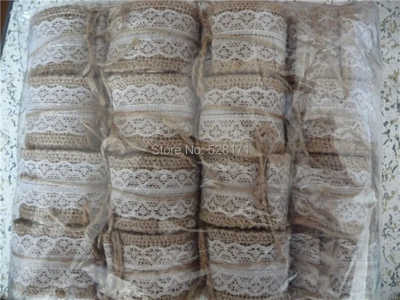 

Free Shipping (W x L)4cm x 2M/Roll 16pcs/Lot Rustic Wedding Gift Decors Natural Hessian Burlap Ribbon with White Lace Jute Roll
