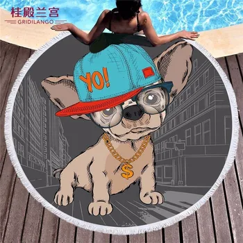 

Cartoon Painted Cute Dog Cat Microfiber Round Beach Towels Tassel Printed Hip-hop Cap Dog Cat for Adult Kids Bath Towel Yoga Mat