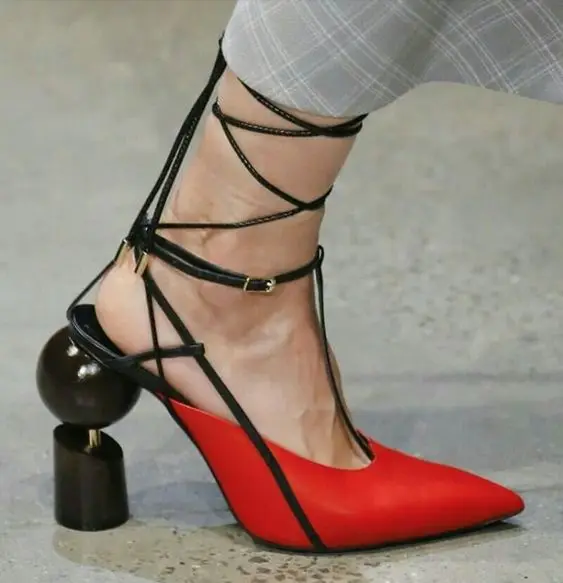 

Sandals Women 2018 Summer Hollow High Heels Ankle Strap Pointed Toe Mixed Color Shoes Women Fashion Sexy Leather Zapatos Mujer