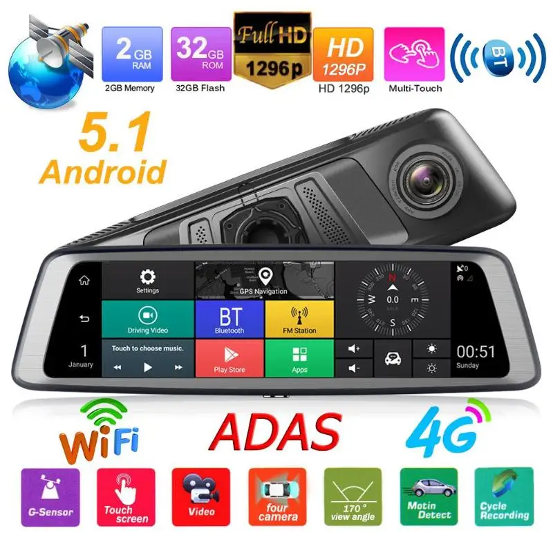 

10" IPS Touch Screen 170 Degree 4-Lens 1296P Octa-core Car Rearview Mirror DVR GPS Video Recorder ADAS Dash Cam Reverse image