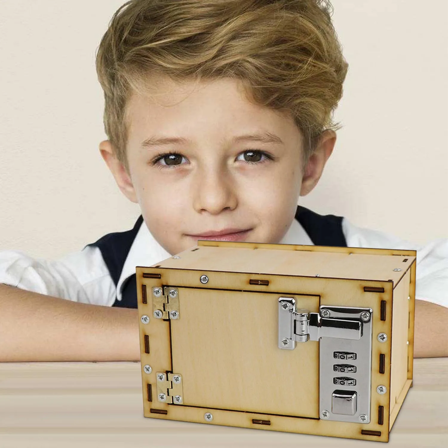 

Kids DIY Assembling Wooden Mechanical Password Safe Box Model Piggy Bank Coin Money Saving Box Money & Banking Pretend Play Toy