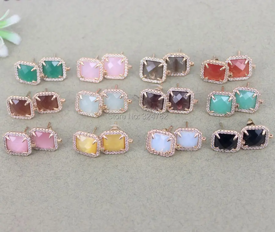 

5 Pairs Micro Pave CZ Crystal Glass Square Post Earring Findings with Loop,Cubic Zirconia Crystal Glass Square Stud Earring