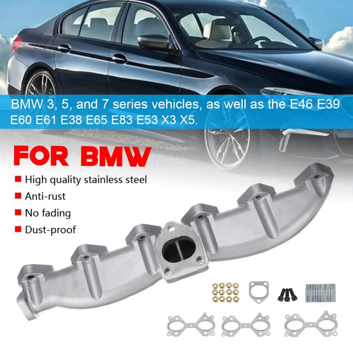 

Car Cast Iron Exhaust Manifold Kit For BMW E46 E39 E60 E61 E38 E65 E83 E53 3 5 7 Stainless Steel + Cast Iron Precise design