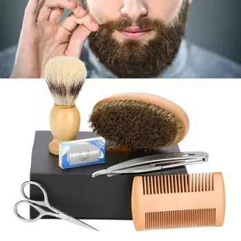 

6pcs Beard Care Kit Beard Brush + Shaving Brush + Comb + Scissor + Shaving Razor + Blades Hair Care Products 3