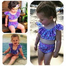 Модный повседневный тонкий купальник с принтом из 2 предметов для девочек, пляжная одежда с открытыми плечами и оборками, лето бикини, одежда для девочек