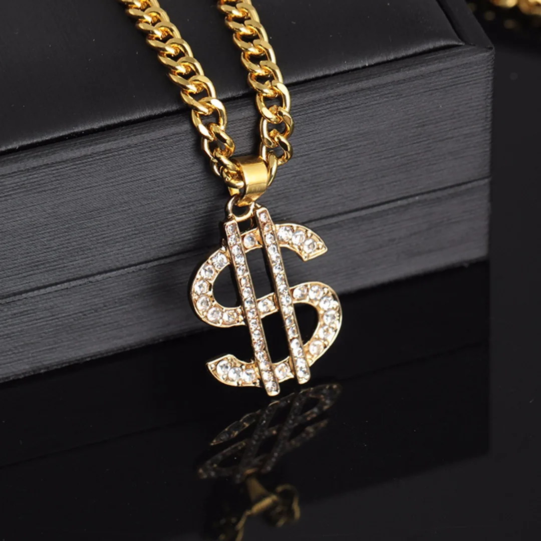 

Luxury US Dollar Sign Money Crystal Pendant Necklace Charms Men Hip Hop Rock Jewelry Shellhard Gold Color Punk Link Chain 70cm