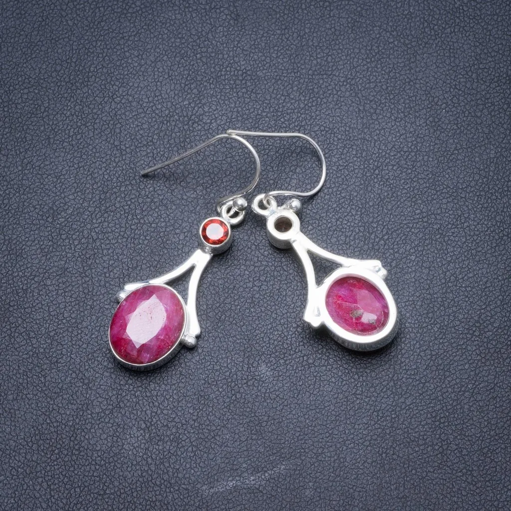 

Natural Cherry Ruby and Garnet Handmade Unique 925 Sterling Silver Earrings 1 1/2" Y2127