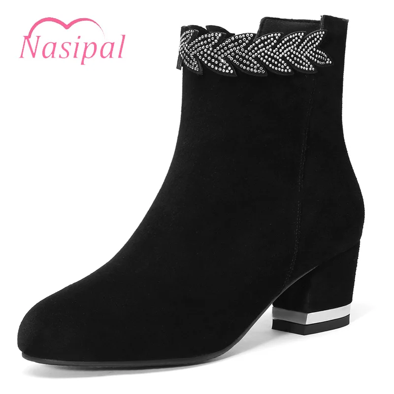 

Nasipal 2018 New Women Fashion High Heel Boots with Crystal Winter Shoes Genuine Leather Suede Ankle Boots Mujer Shoes Women