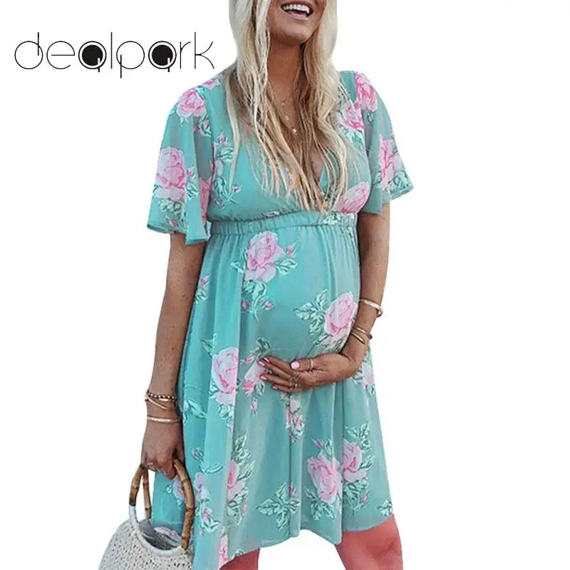 

Women Maternity Dress Vintage Boho Beach Dress Floral Print Short Sleeve V Neck Pregnant Elegant Ladies Casual Summer Dress 2019