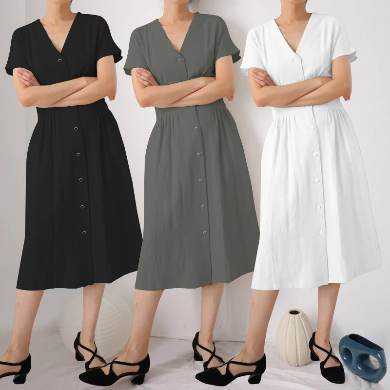 

Celmia 2019 Summer Long Shirt Dress Women Casual V-neck Midi Dresses Loose Buttons Robe Party Vestidos Mujer Plus Size Sundress