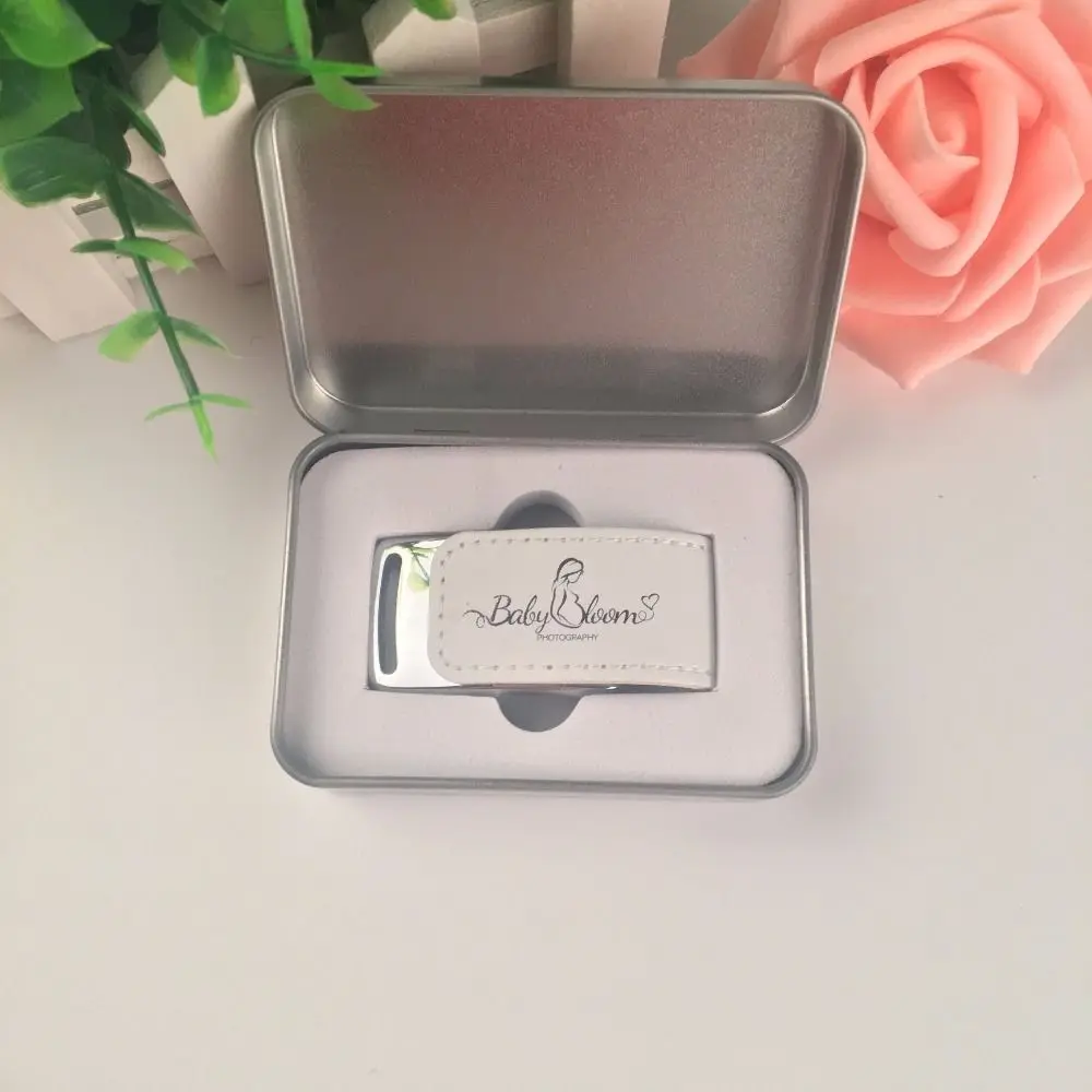 New Customized Logo White Leather USB 3.0 Flash Drive Wedding Gift with Metal Box Packings