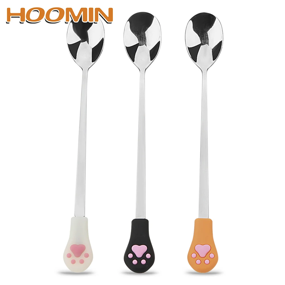 

HOOMIN Coffee Spoons Cute Cat Claw Stainless Steel Kitchen Supplies Fruit Fork Dessert Spoon Tableware Candy Tea Drink Spoon