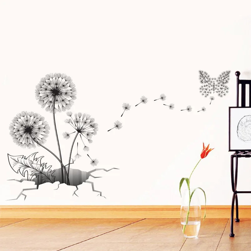 New Wall Stickers 3D Broken Wall Dandelion 150x70cm Waterproof Removable Wall Stickers For Kids Rooms Wall Art Home Decoration