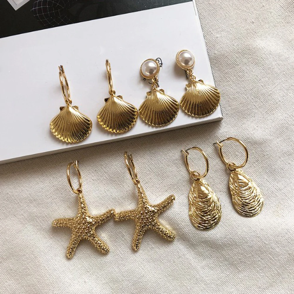 Gift Jewelry Shell Long Conch Drop Dangle Cowrie Drop Earrings Stud Earrings
