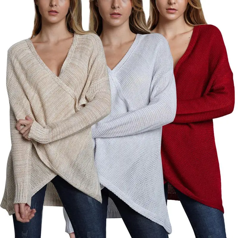  Women's Casual Knitted Sweater Solid Color Loose Long Sleeves V-Neck Pullover Asymmetric Long-Sleeved Sweater All-matching Tops