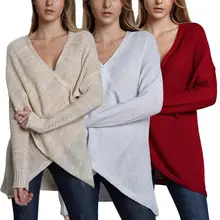  Women's Casual Knitted Sweater Solid Color Loose Long Sleeves V-Neck Pullover Asymmetric Long-Sleeved Sweater All-matching Tops