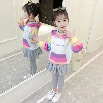 

Girls suit sweater + skirt pants 2020 new spring and autumn fashion striped hooded 3-12 children's clothing