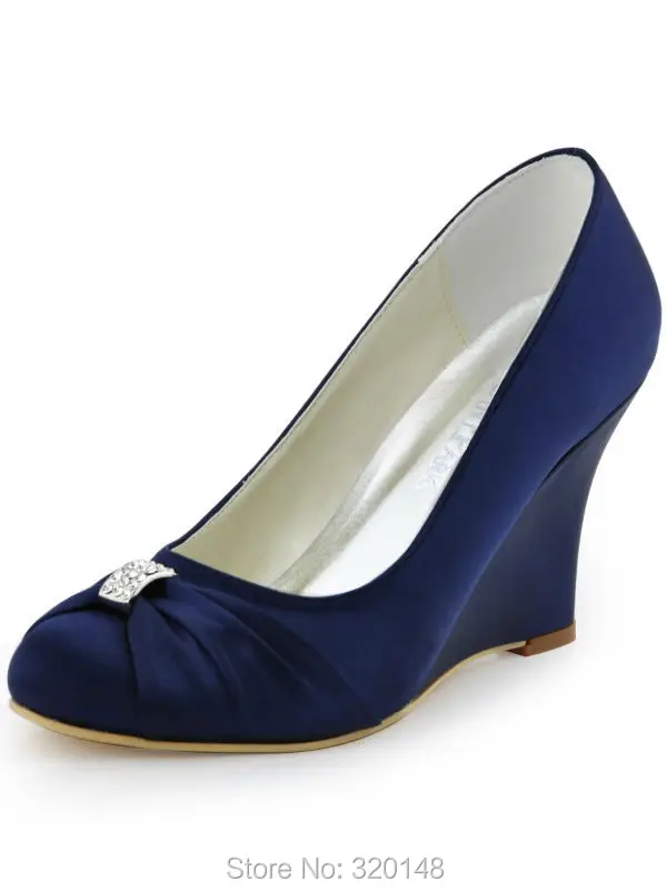 

Women Wedges High Heel Wedding Bridal Shoes Navy Blue Rhinestone Closed Toe Satin Bride lady Prom Party Pumps EP2005 Ivory