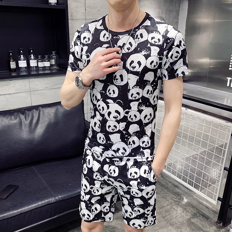 

Fashion Trend Animal Printing Color Casual Slim Street Sportswear Two-piece 2019 Men's Shorts Short-sleeved Two-piece Hot Sale