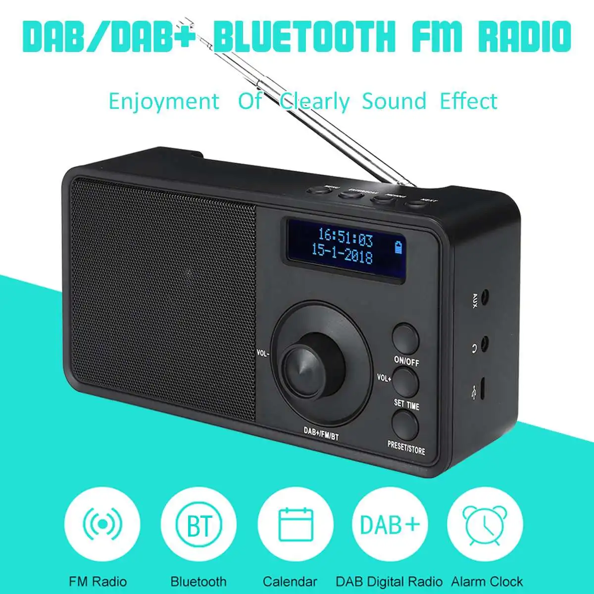

Portable DAB DAB+FM Digital Radio Player Receiver Handheld bluetooth Mini Music Stereo Radio Speaker Support AUX LCD Alarm Clock