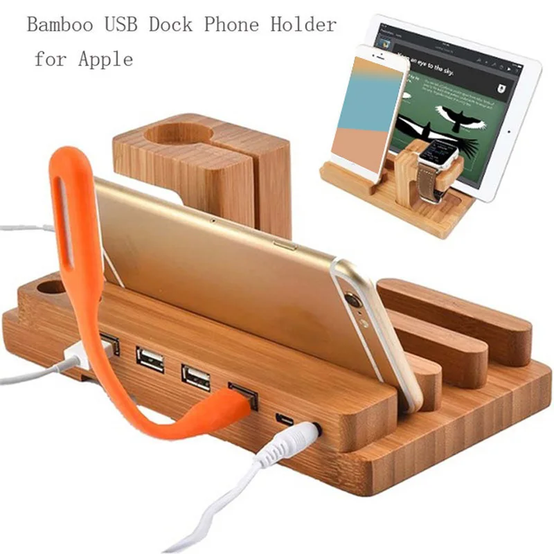 

High Quality Multifunctional Bamboo USB Charging Dock Phone Tablet Holder Mount for Apple Watch Phone Holder