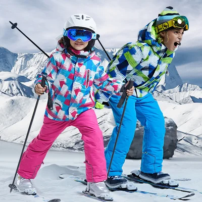 -30 Children brand ski suit boy girl kids snowboard suit Set Waterproof outdoor sports jacket pants clothes snowsuit teen 12 14