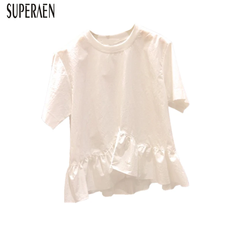 

SuperAen 2019 New Summer Women T Shirt Wild Cotton Casual Korean Style T Shirt Female Round Neck Ruffled Short-sleeved Tops