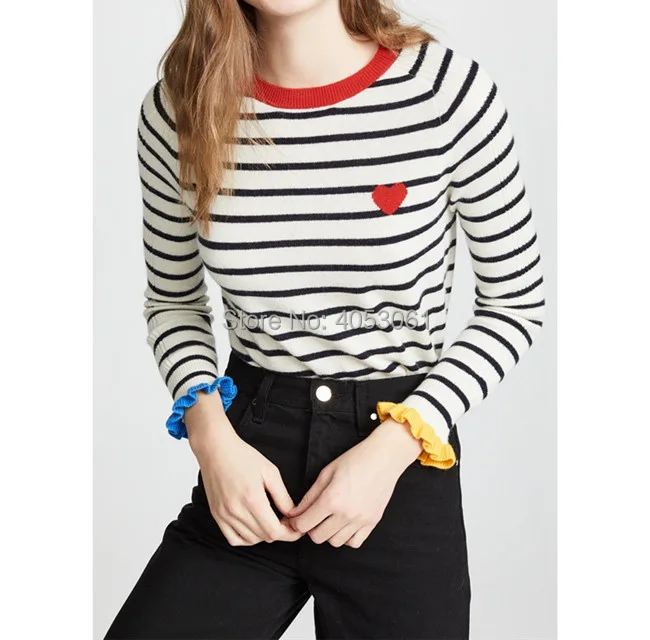 

Cashmere 100% Red Heart Intarsia Stripe Contrast Color Patchwork Sweater With Ruffled Detail - 2019 Spring Knit Sweater Top