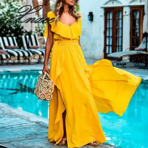 

Plus Size Bohemian 2019 Women Summer Bohemian Casual Beach Sundress Sexy Yellow Maxi Dress