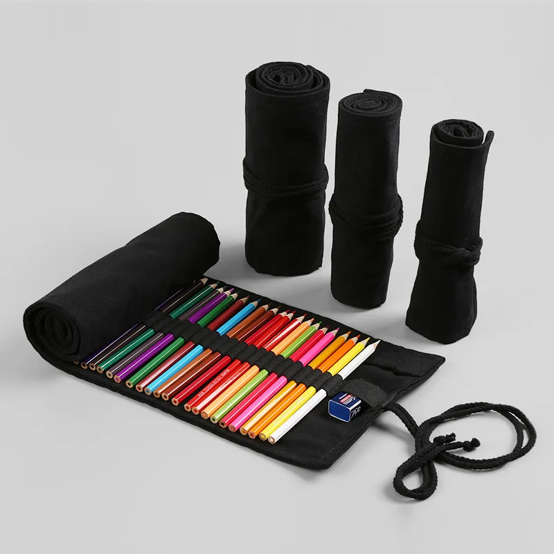 

Canvas School Pencil Box Case 12/24/36/48/72Holes Roll Pencilcase Large Cute Pure Color Black Girls Boy Pen Bag Stationery Pouch
