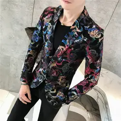 Сильный печати Пром куртка костюм одна кнопка куртка 2019 Осень slim Fit Для мужчин Блейзер синий обувь золотистого и красного цветов пиджак