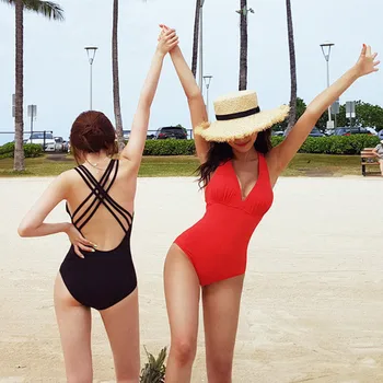 

Solid V Shape One Piece Swimsuit Women Swimwear Female V-bar Red Black Bather 2019 Bathing Suit Swim Lady Monokini Bodysuit
