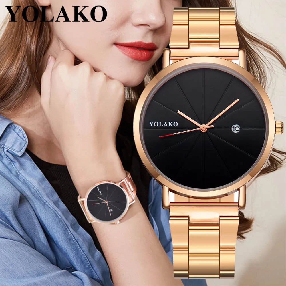 

YOLAKO Brand Fashion Women Rose Gold Stainless Steel Watch With Calendar Luxury Ladies Analog Quartz Watch Relogio Feminino