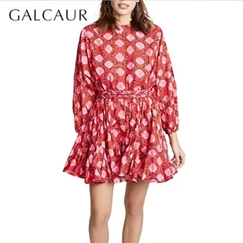 

GALCAUR Floral Print Dress Women O Neck Lantern Long Sleeve High Waist Mini Female Dresses Casual Fashion 2020 Spring Tide