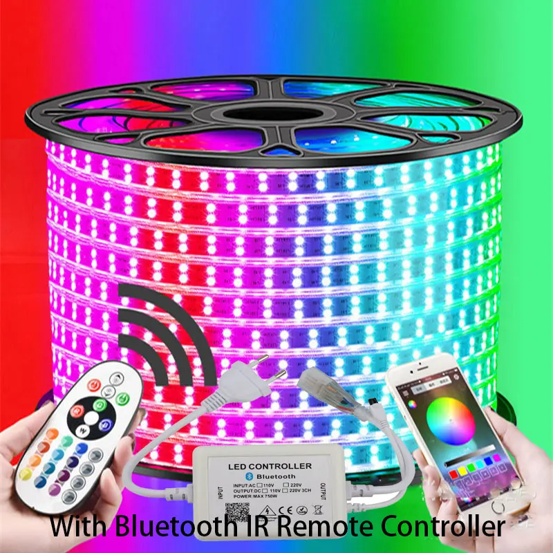 31-50 м двухрядная RGB Светодиодная лента 96 Светодиодный s/M 5050 220V светильник для изменения цвета IP67 Водонепроницаемый Светодиодный светильник+ ИК-контроль Bluetooth