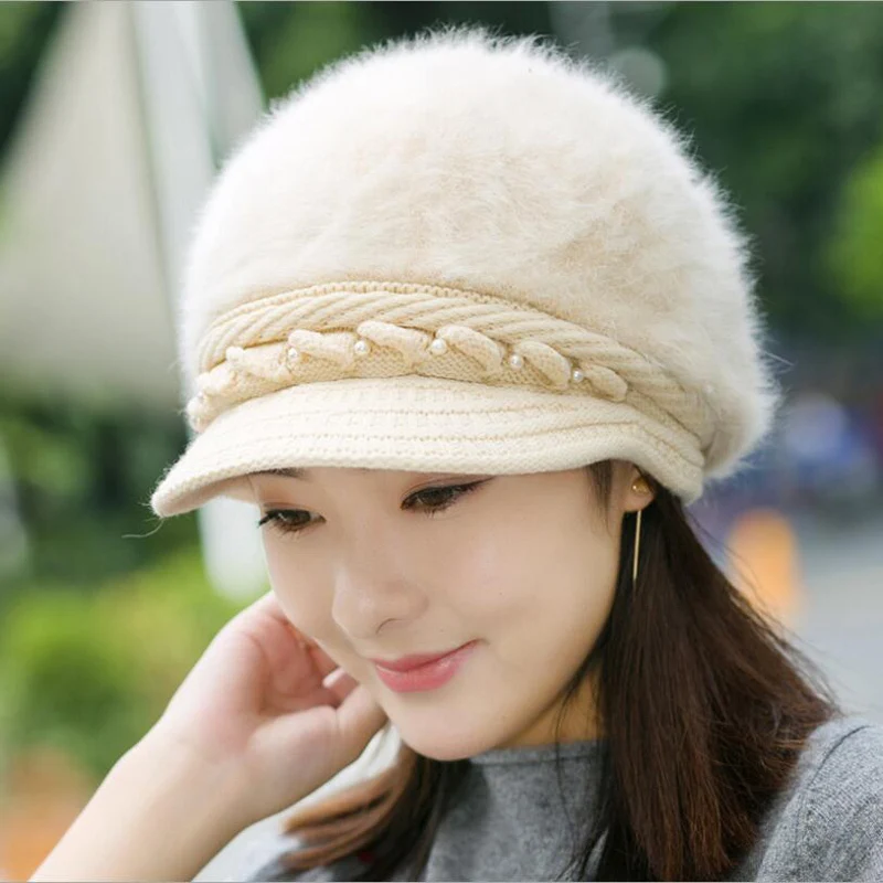 Новая женская зимняя шапка, женские теплые шапочки с черепами, вязаные меховые шапки с текстурой ананаса для женщин, зимняя меховая шапка с кроликом