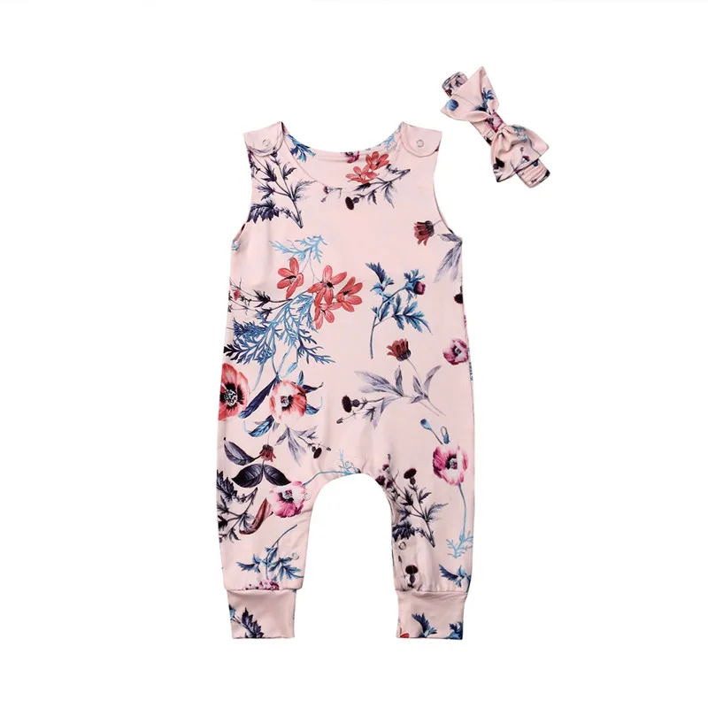 Комплект из 2 предметов для новорожденных, комбинезон с цветочным рисунком для маленьких девочек, комплект одежды, повязка на голову, 0-24 мес