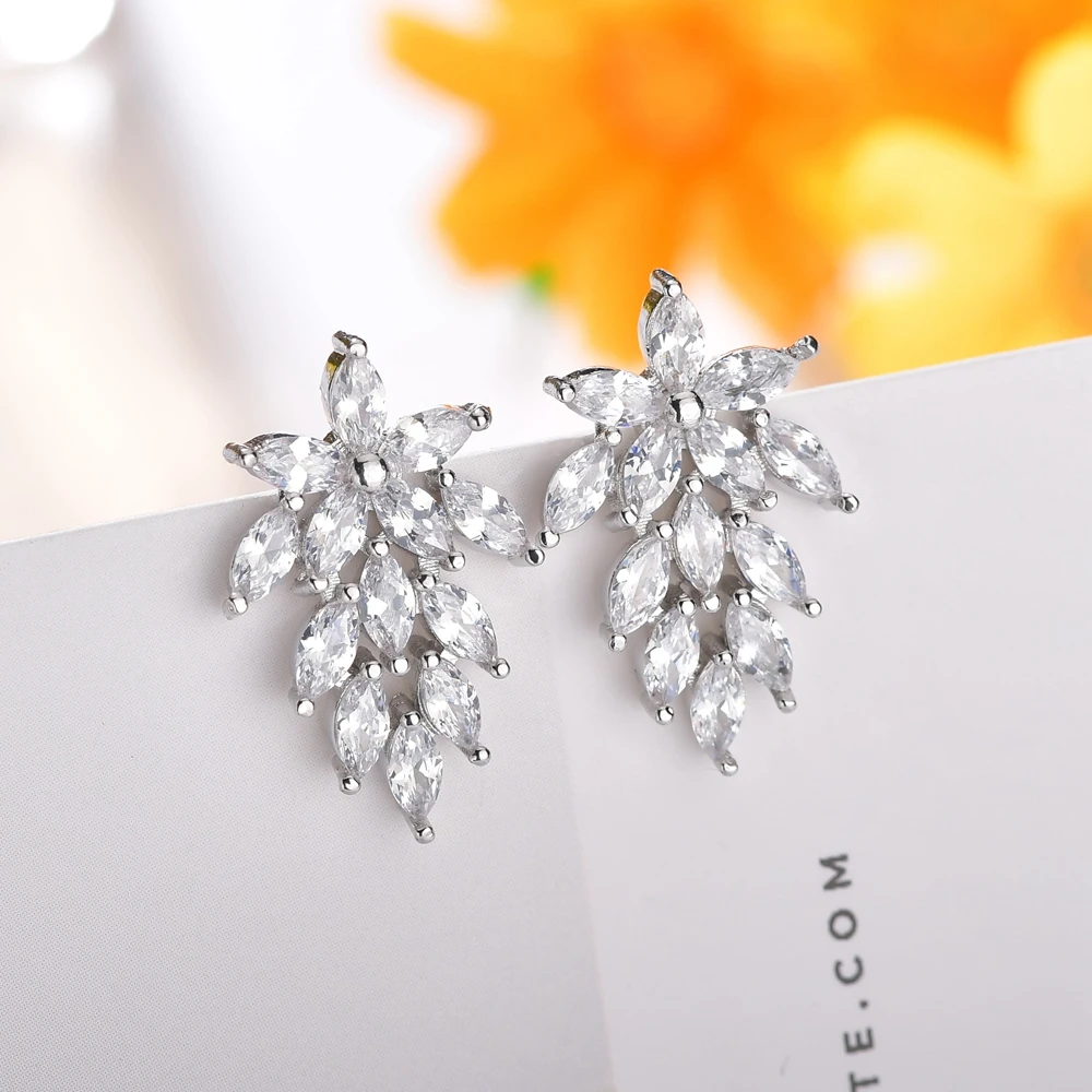 Мода маркиза огранки кубического циркония цветок серьги в форме хрустального листа для женщин серебряная Роза сверкающие камни из кубического циркония свадебные украшения
