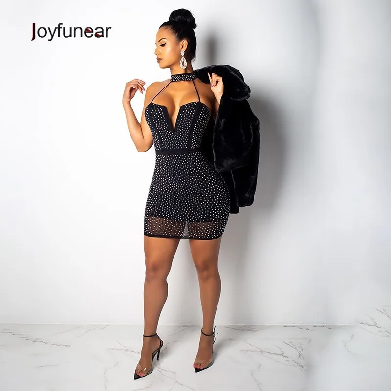 

Joyfunear 2019 Black Bodycon Dress Women Turtleneck Sleeveless Crystal Sequin Mini Dresses Sexy Clubwear Party Dress Vestidos