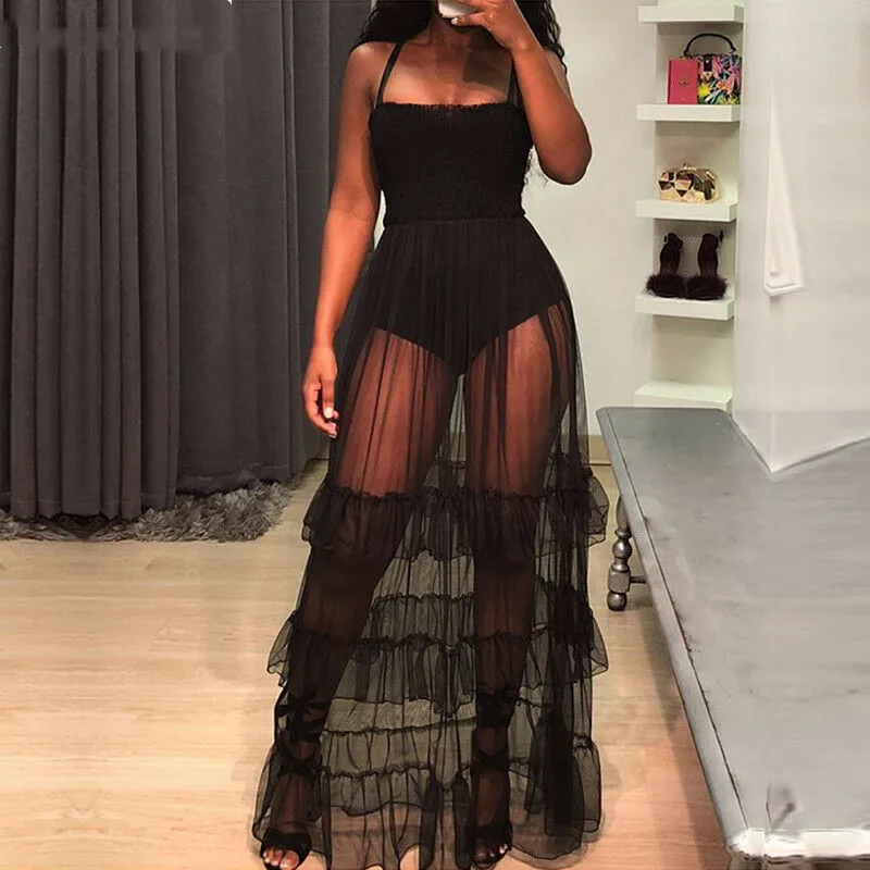 

New Women's Mesh Perspective Long Dress RuffleS Strap Large Swing-type Sleeveless Dresses Sexy Bandeau Black Lace New Hot Sale