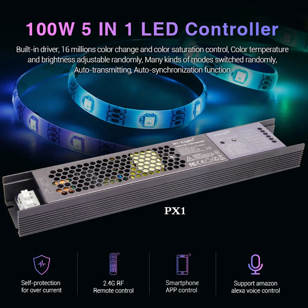 100W 5 IN 1 LED Controller Built-in driver for DC24V single color/RGB/RGBW/RGB+CCT LED strip can 2.4G RF/APP/alexa voice control 100W 5 IN 1 LED Controller Built-in driver for DC24V single color/RGB/RGBW/RGB+CCT LED strip can 2.4G RF/APP/alexa voice control