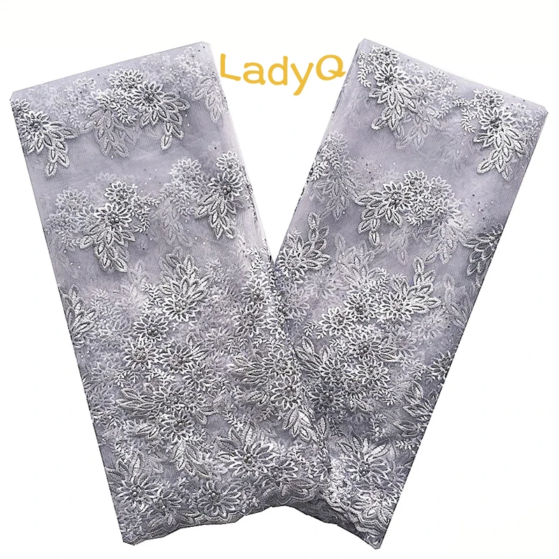 

LadyQ Grey Lace Embroidered Tulle Fabric Nigerian Latest Lace Fabric 2018 High Quality Lace Lilac Beads African Net Lace Fabric