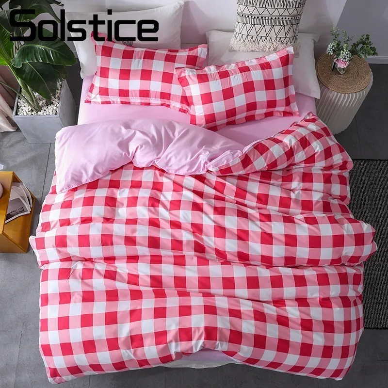 Solstice Home Textile Red Pink Plaid Duvet Cover Pillowcase Flat