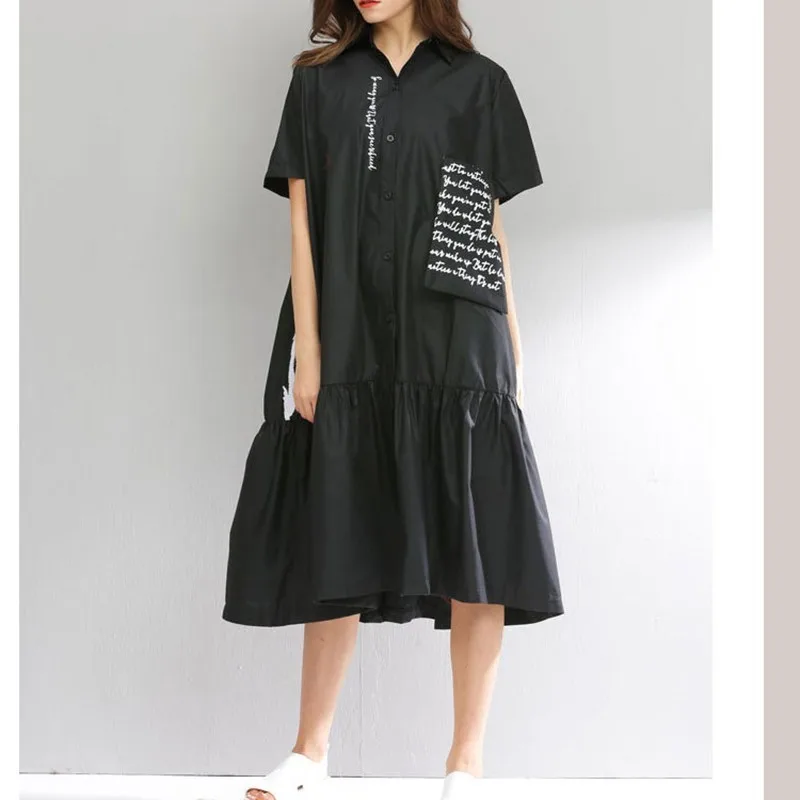 

[YaLee] New Fashion 2019 Spring Summer Shirt Type Letter Printed Buttton Pocket Splice Ruffles Hem Large Size Dress Women Y982